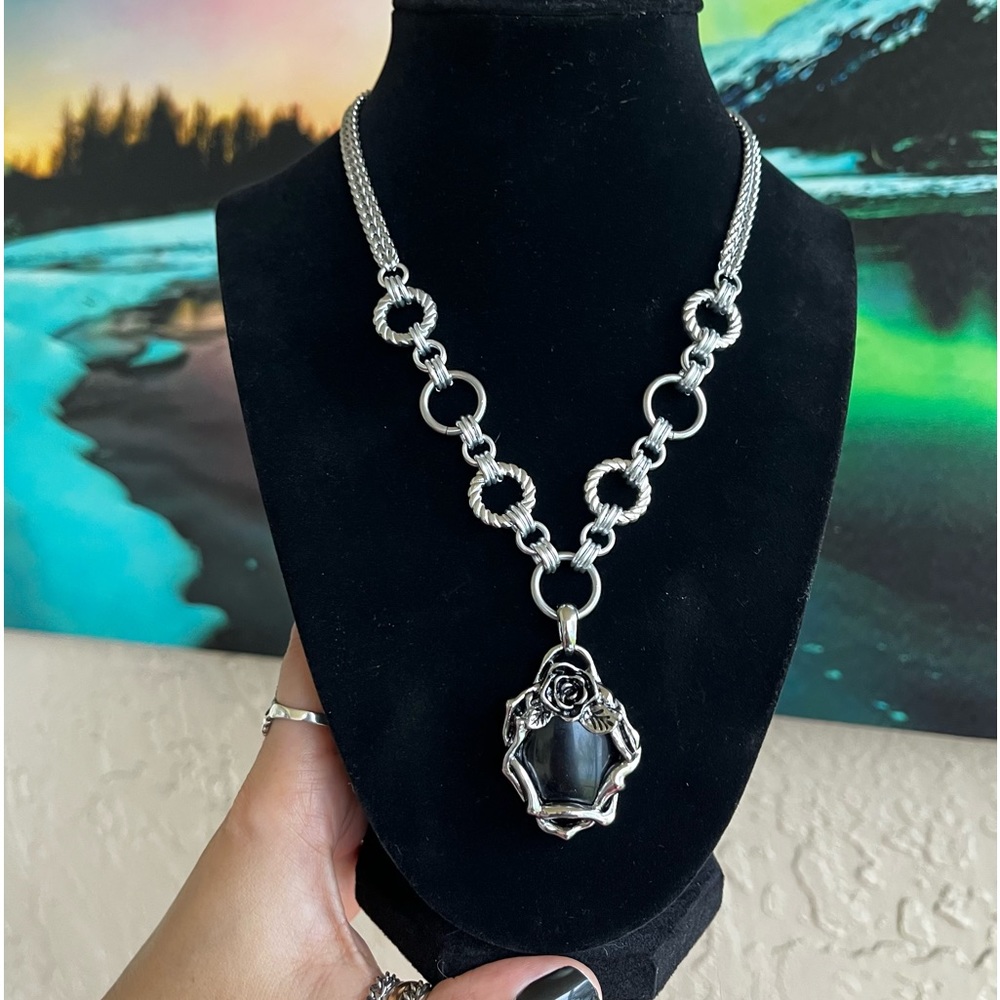 Stainless steel necklace double chain black onyx gemstone rose charm boho goth - Picture 6 of 10